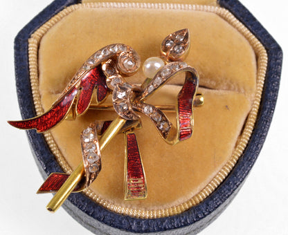 Antique Georgian Angel Wing Arrow Enamel 18K Gold Diamonds Brooch Pin C.1820
