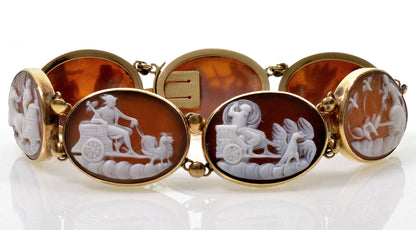 Antique Victorian 14K Gold Cameo Bracelet Carnelian Shell 7 Days Of The Week Roman Gods C.1880