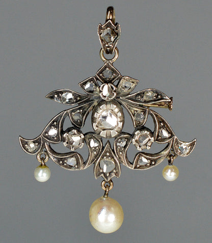 Antique Victorian Belle Epoque 14K Silver Topped Gold Diamond Pearl Pendant Brooch C.1890
