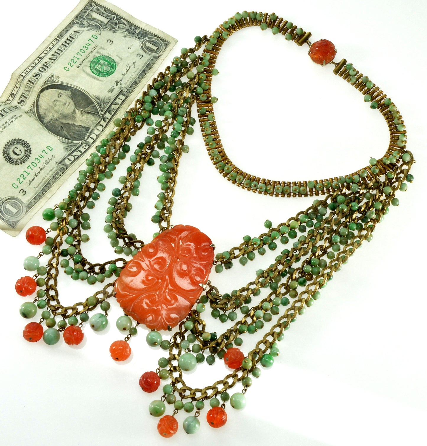 Art Deco Apple Green Red Jadeite Jade Brass Swag Necklace C.1920