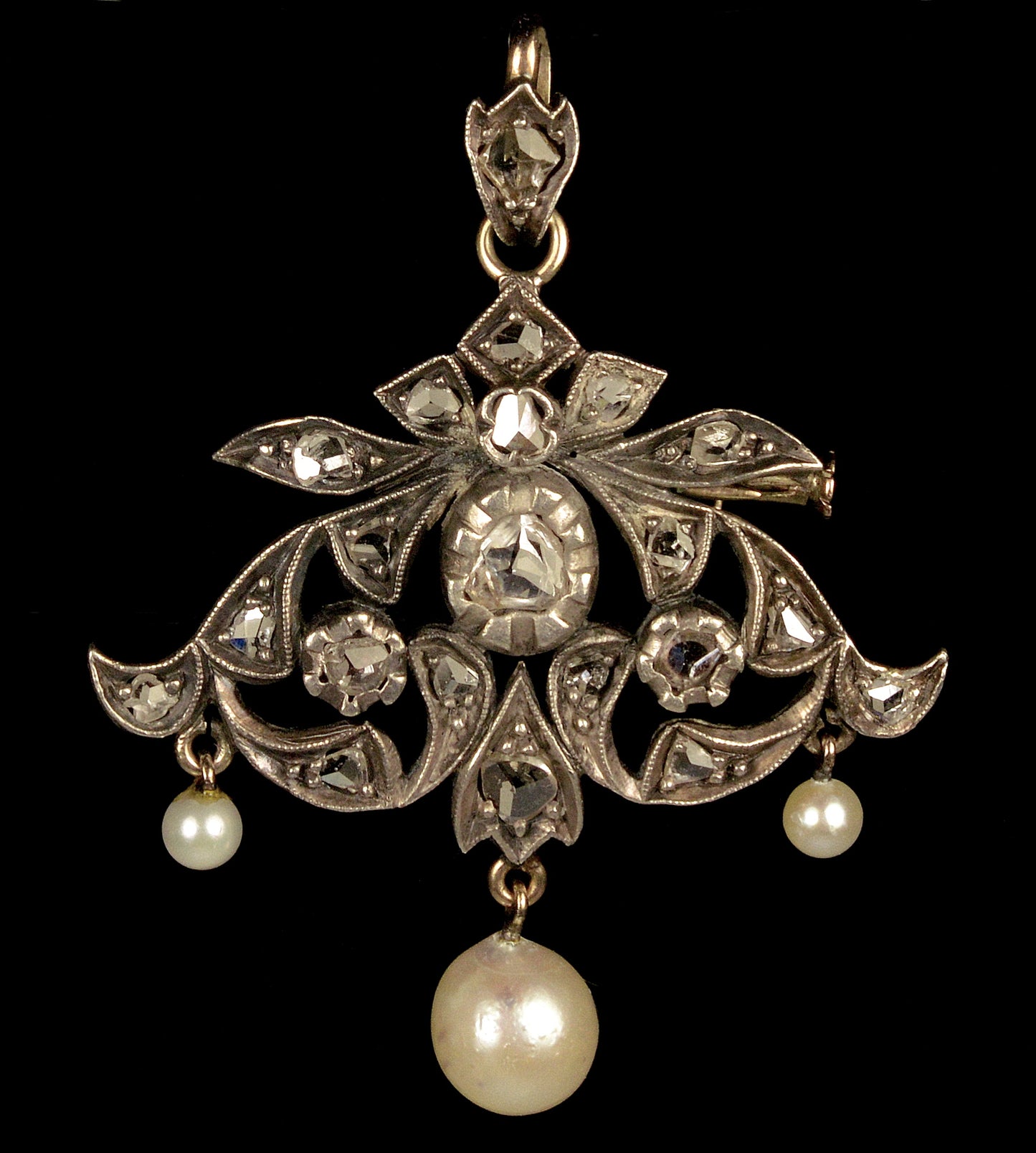 Antique Victorian Belle Epoque 14K Silver Topped Gold Diamond Pearl Pendant Brooch C.1890