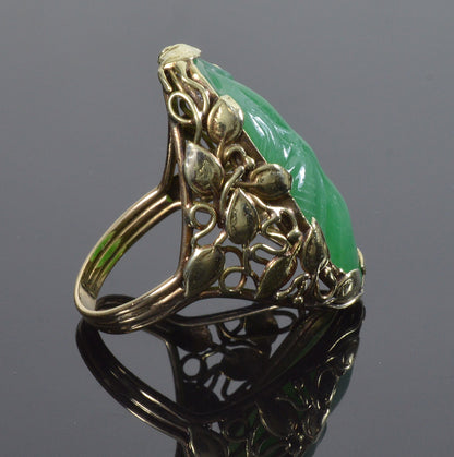 Antique Arts & Crafts 14K Gold Jadeite Jade Ring C.1900