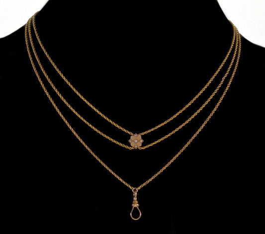 Antique Victorian 14K Gold Pearl Slide Guard Chain Necklace C.1890