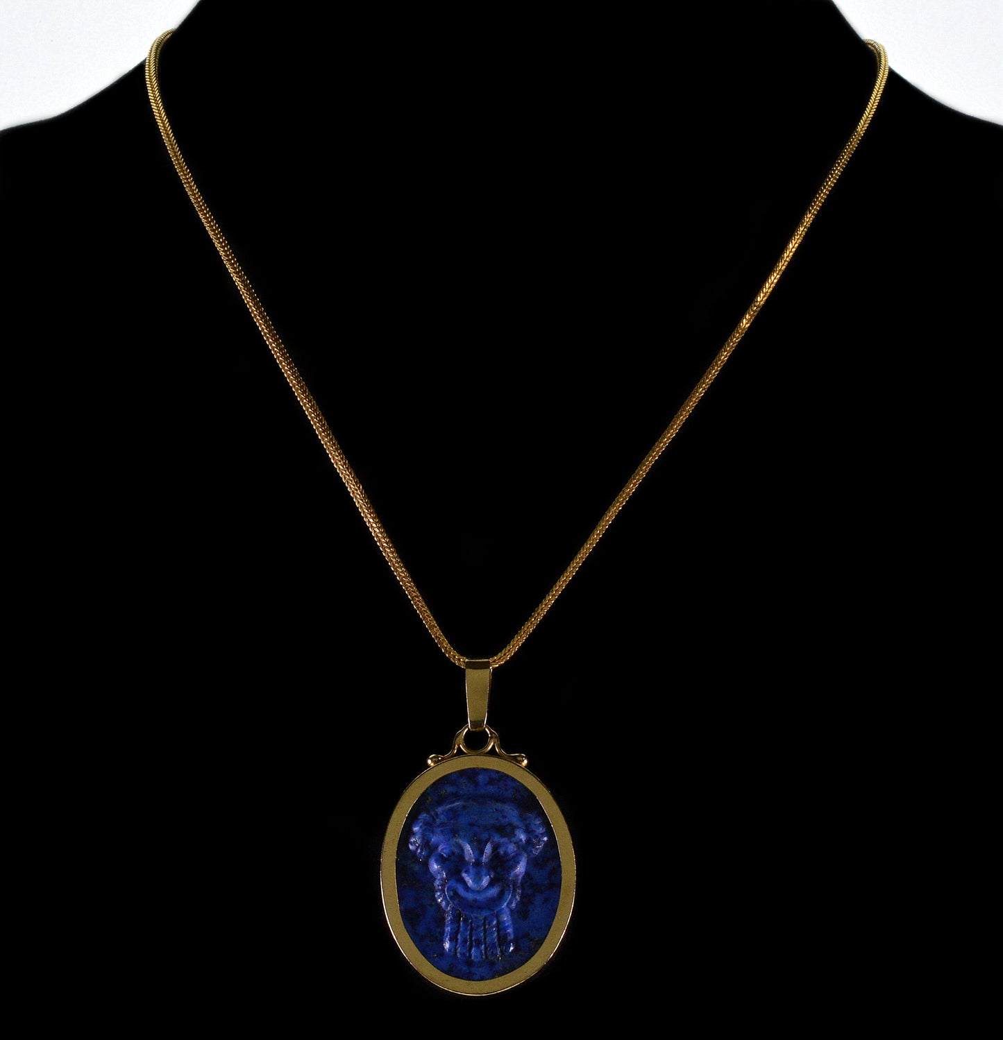 Italian 18K Gold Carved Lapis Lazuli Pan Satyr Pendant Cameo