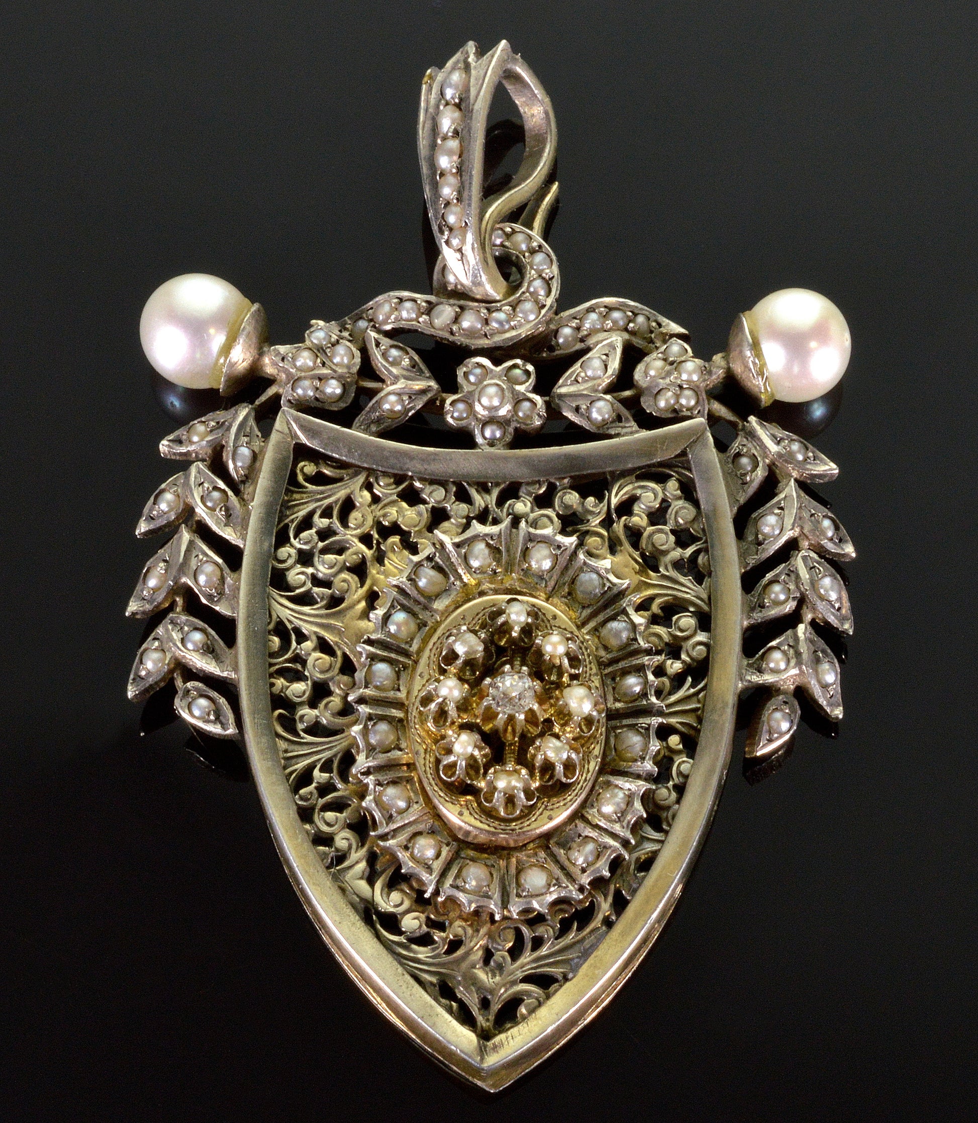 Antique Austro-Hungarian Locket Pendant Diamond Pave Seed Pearls Silver C.1880