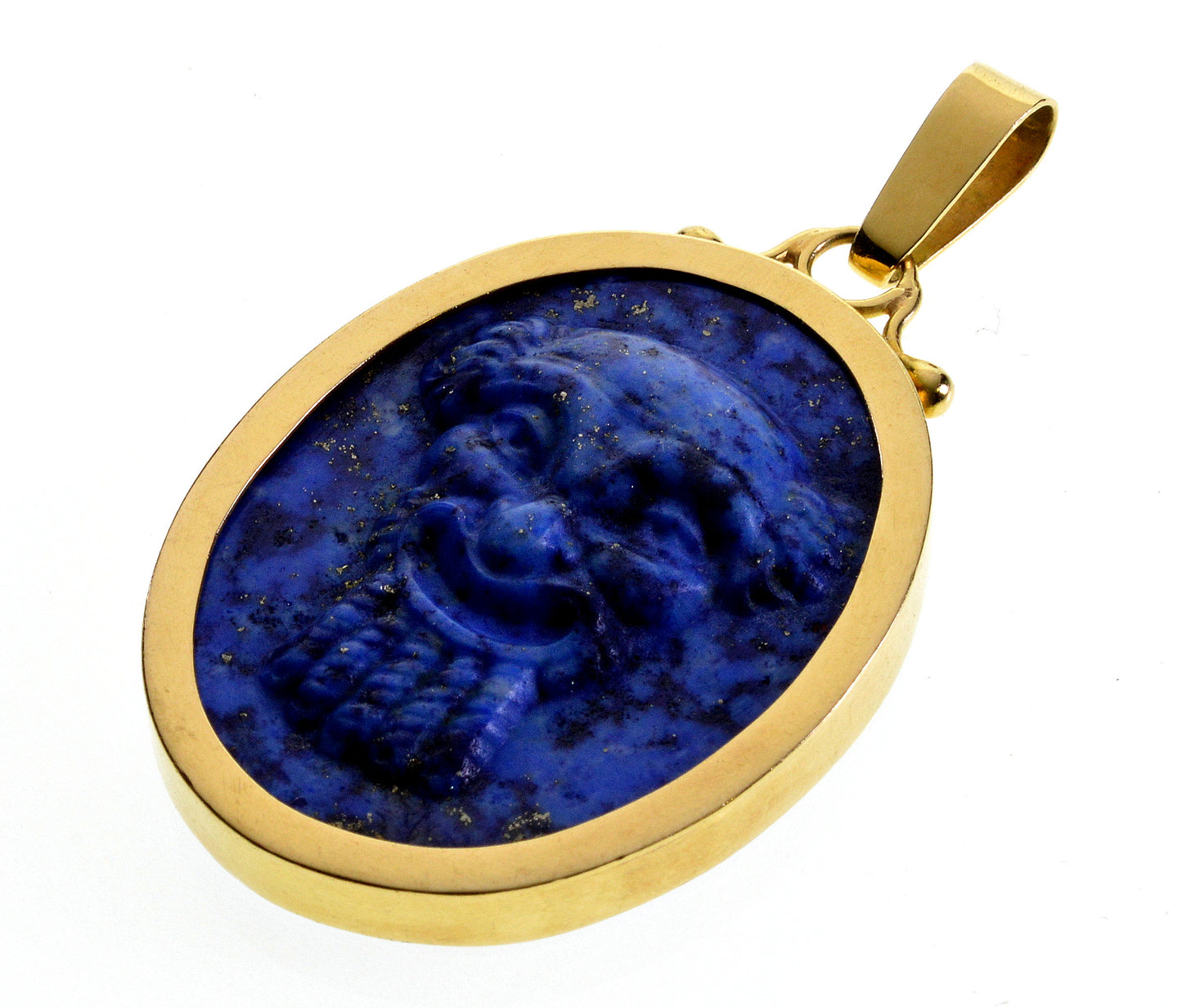 Italian 18K Gold Carved Lapis Lazuli Pan Satyr Pendant Cameo