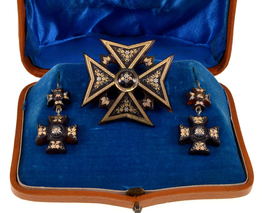 Antique Victorian Pique Cross Earrings Brooch in Original Box Inlaid Gold and Silver C.1860
