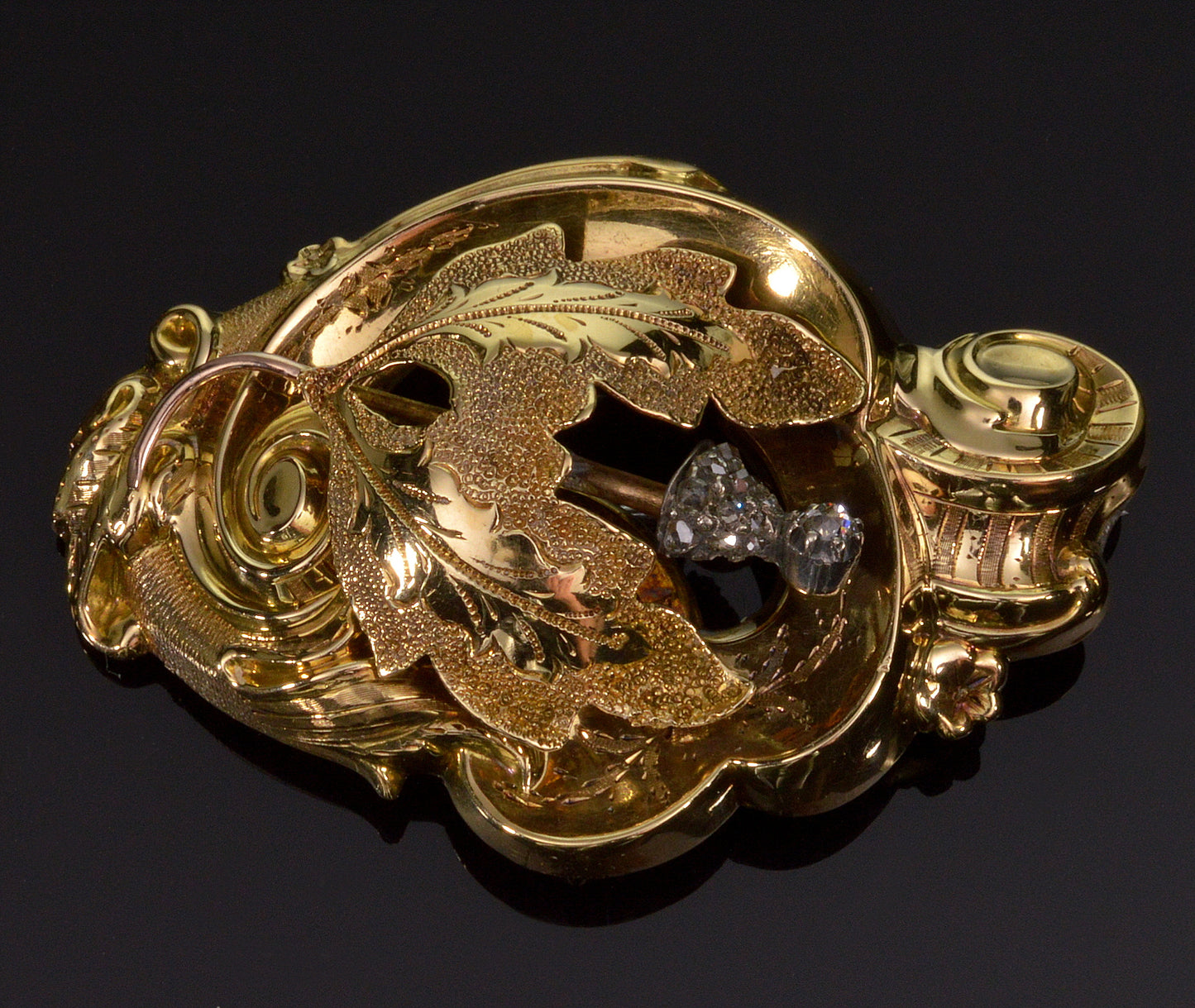 Antique Victorian 14K Gold Diamond Acanthus Brooch Pin C.1860