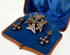 Antique Victorian Pique Cross Earrings Brooch in Original Box Inlaid Gold and Silver C.1860