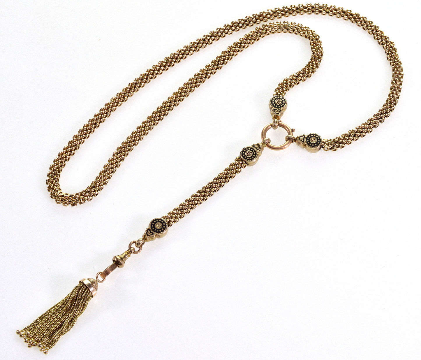 Antique Victorian 10K Gold Necklace 14K Tassel Enamel Dog Clip Clasp C.1870