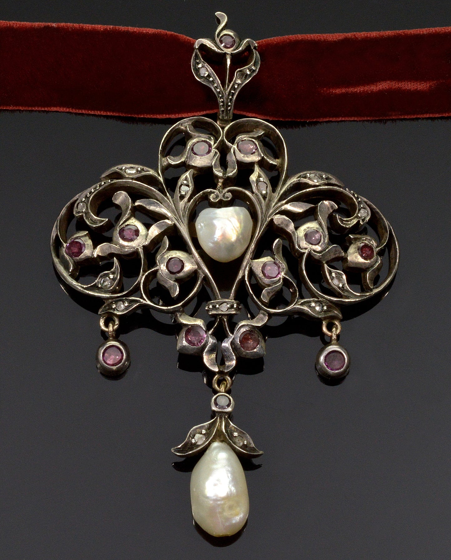 Antique Georgian Pendant 9K Gold Silver Diamond Pearl Garnet C.1790