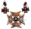 Antique Victorian Pique Cross Earrings Brooch in Original Box Inlaid Gold and Silver C.1860