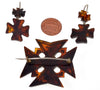 Antique Victorian Pique Cross Earrings Brooch in Original Box Inlaid Gold and Silver C.1860