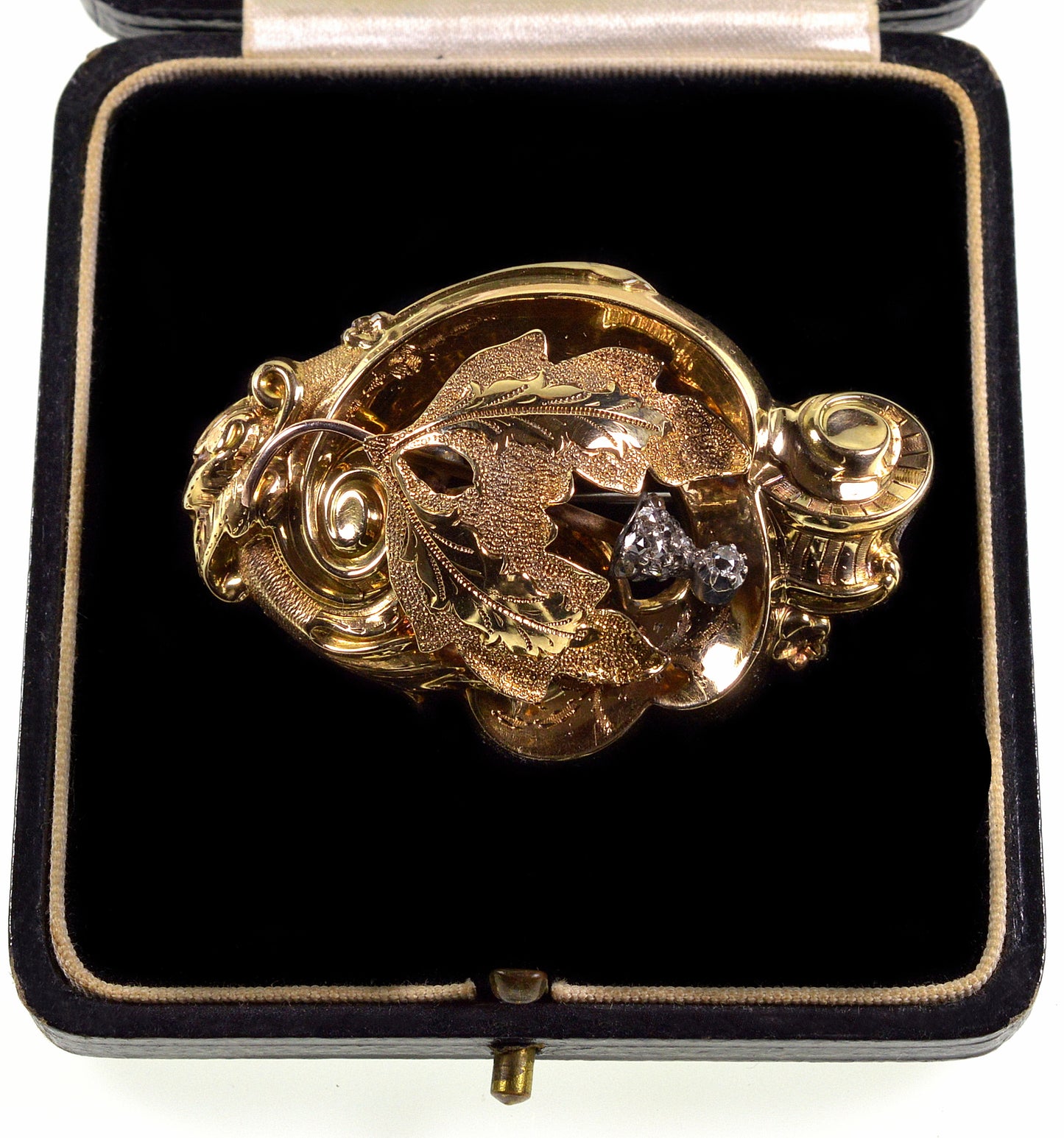 Antique Victorian 14K Gold Diamond Acanthus Brooch Pin C.1860