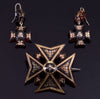 Antique Victorian Pique Cross Earrings Brooch in Original Box Inlaid Gold and Silver C.1860
