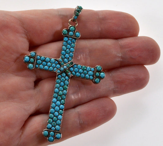 Antique Victorian 9K Gold Turquoise Cross Pendant C.1880 Pave Turquoise Carved Roses