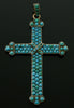 Antique Victorian 9K Gold Turquoise Cross Pendant C.1880 Pave Turquoise Carved Roses