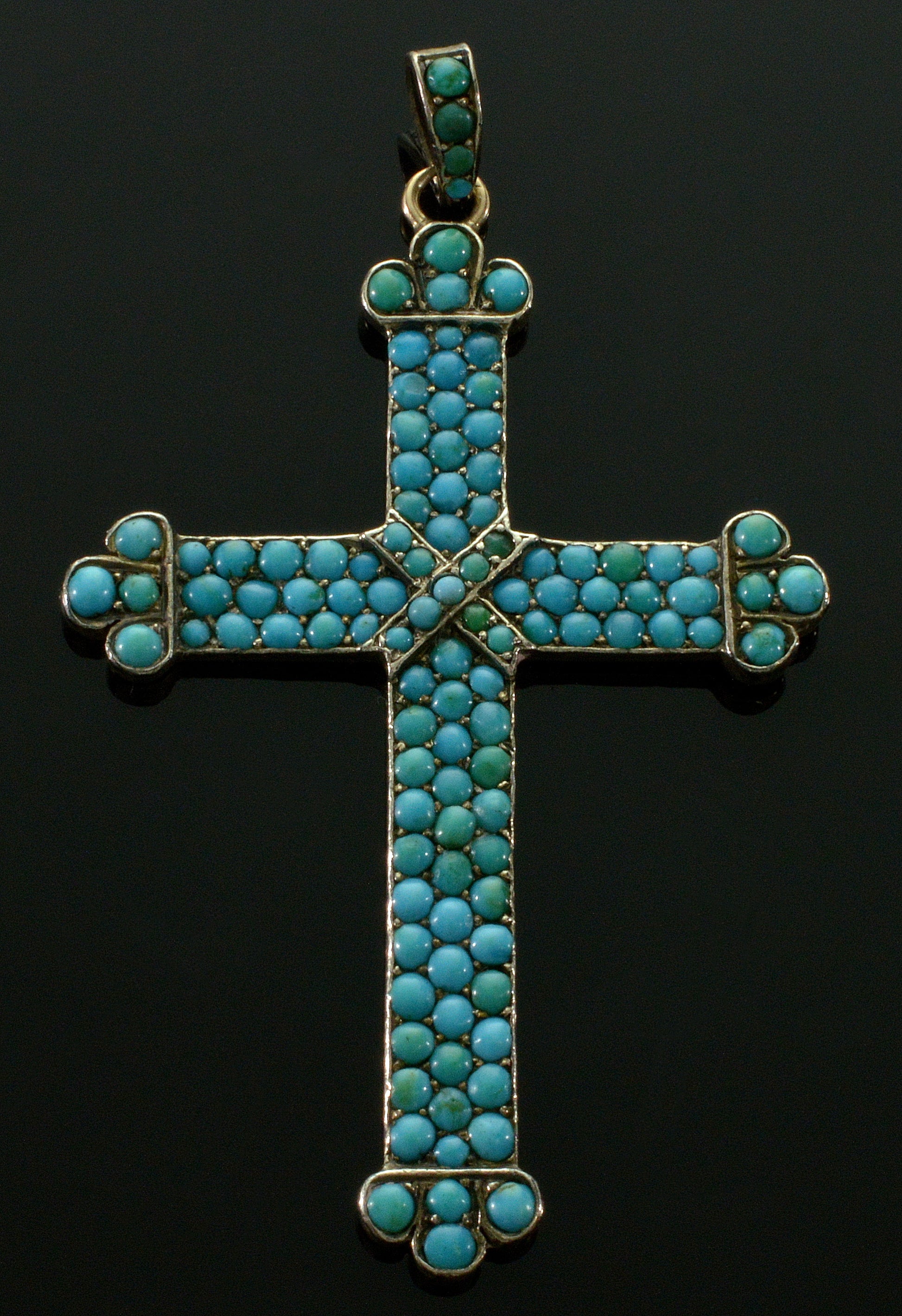Antique Victorian 9K Gold Turquoise Cross Pendant C.1880 Pave Turquoise Carved Roses