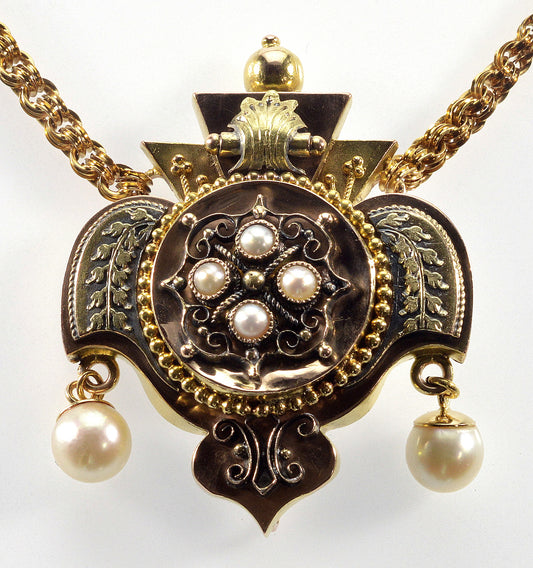 Antique Victorian 14K Gold Pendant Chain Necklace Etruscan Revival C.1860