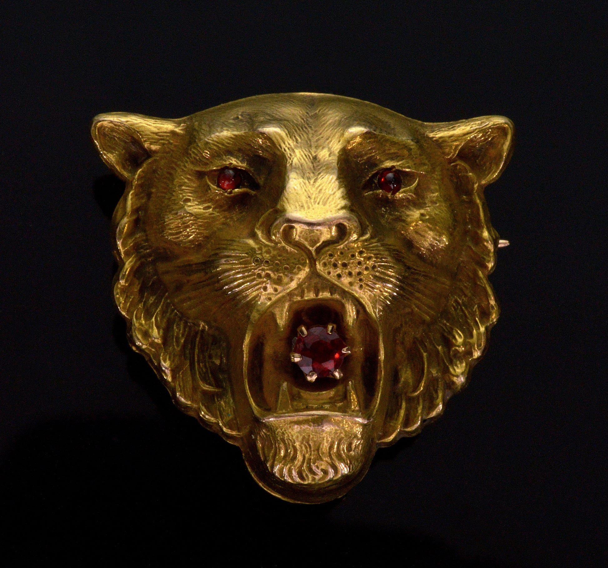 Antique Art Nouveau 10K Gold Ruby Lion's Head Brooch Pin C.1900