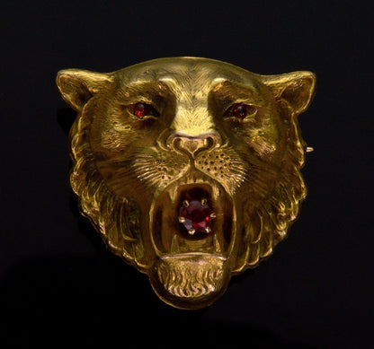 Antique Art Nouveau 10K Gold Ruby Lion's Head Brooch Pin C.1900