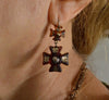 Antique Victorian Pique Cross Earrings Brooch in Original Box Inlaid Gold and Silver C.1860