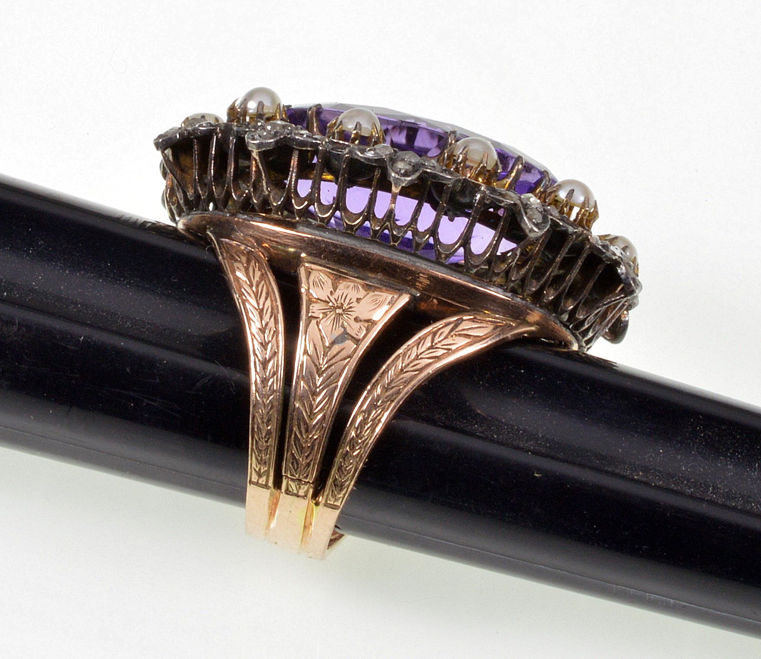 Antique Victorian 14K Gold Ring Amethyst Diamond Pearl C.1860