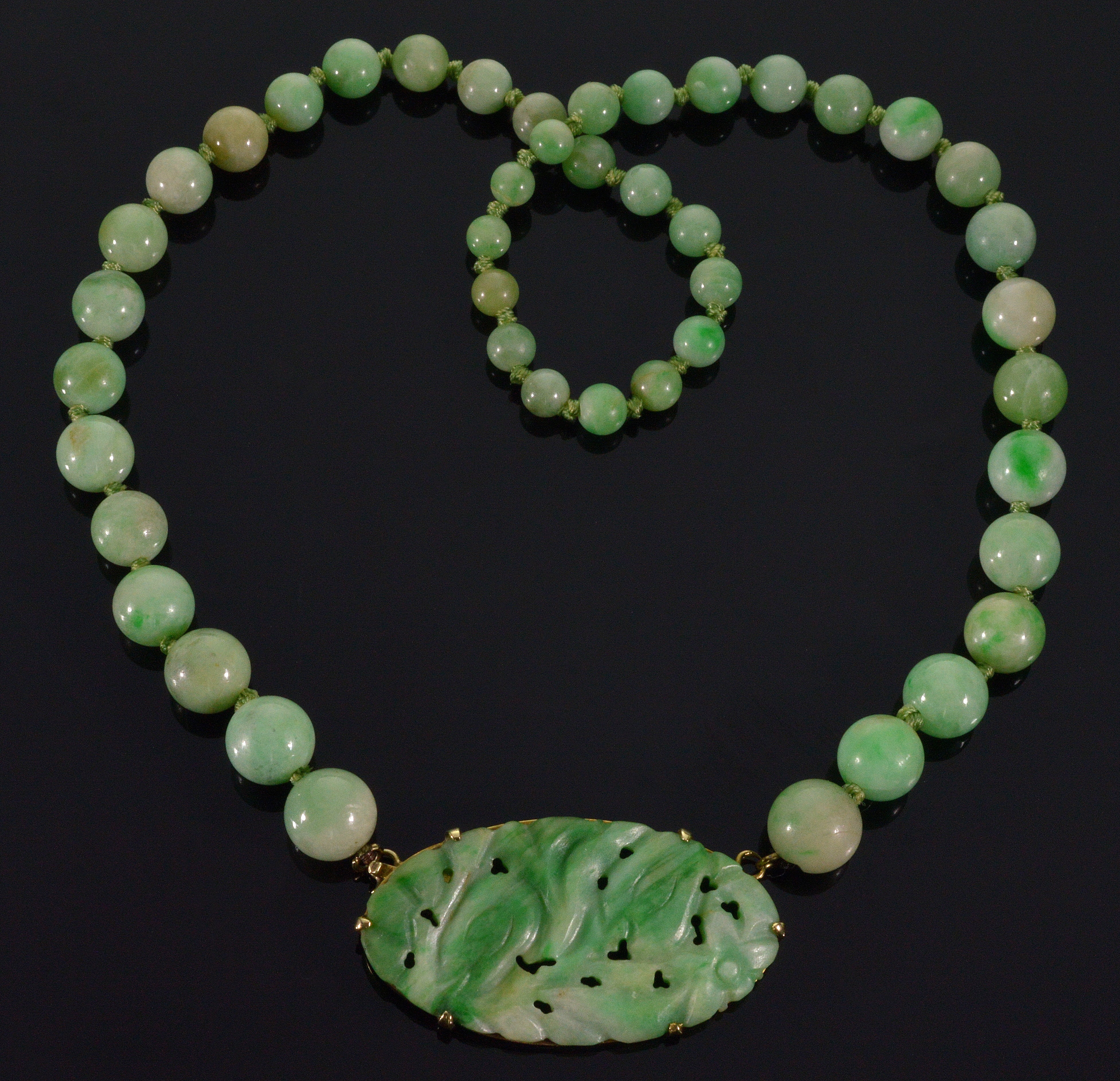 Antique Art Deco Jadeite Jade Bead Necklace 22 1/2, Sterling Clasp C.