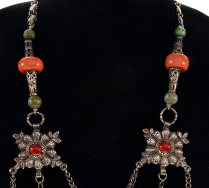 Antique Tibetan Coral Turquoise Silver Necklace