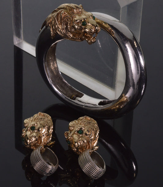 MAZ Large Lion's Head Earrings Bracelet Set 14K Gold Sterling Emerald