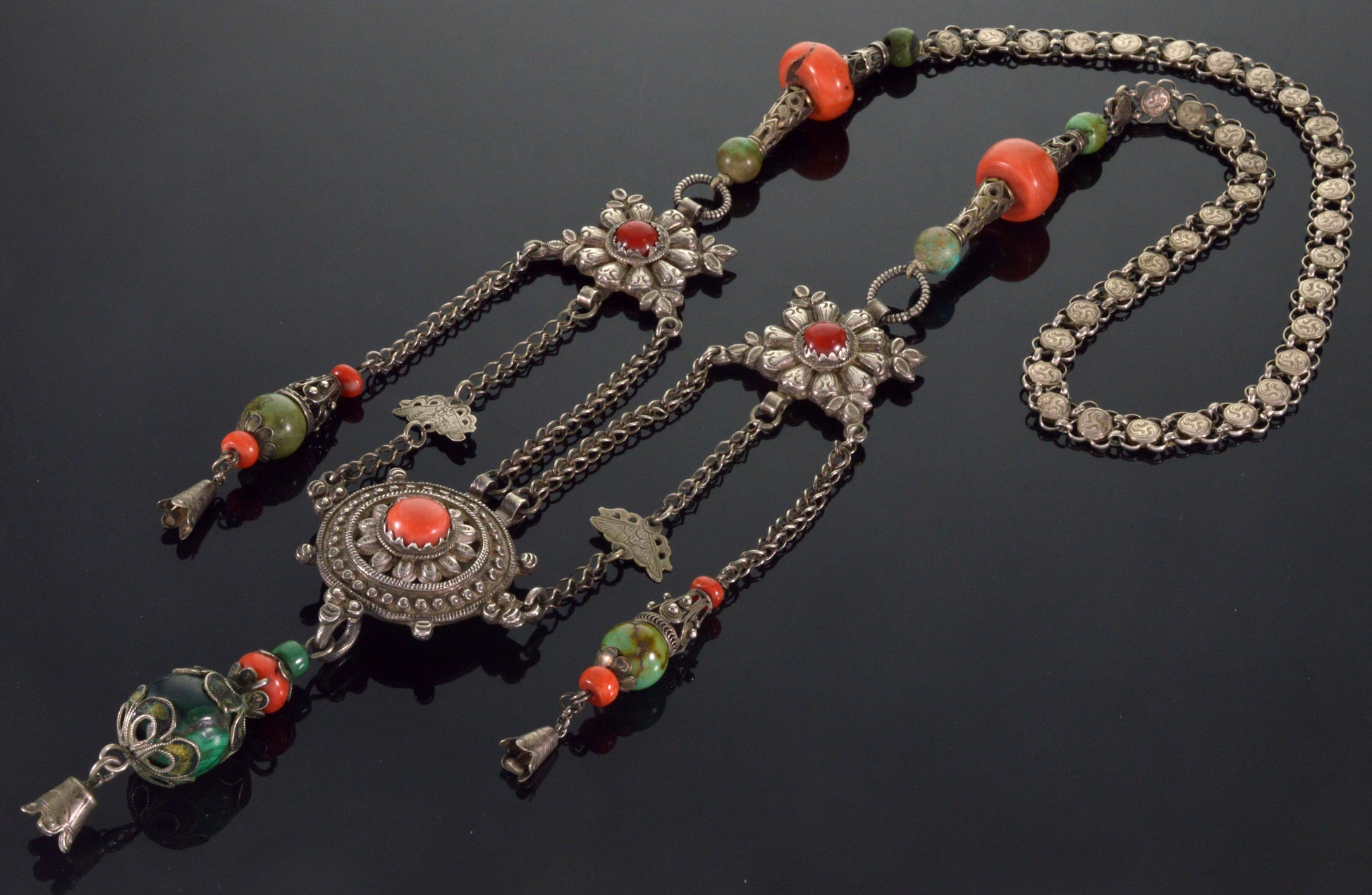 Antique Tibetan Coral Turquoise Silver Necklace