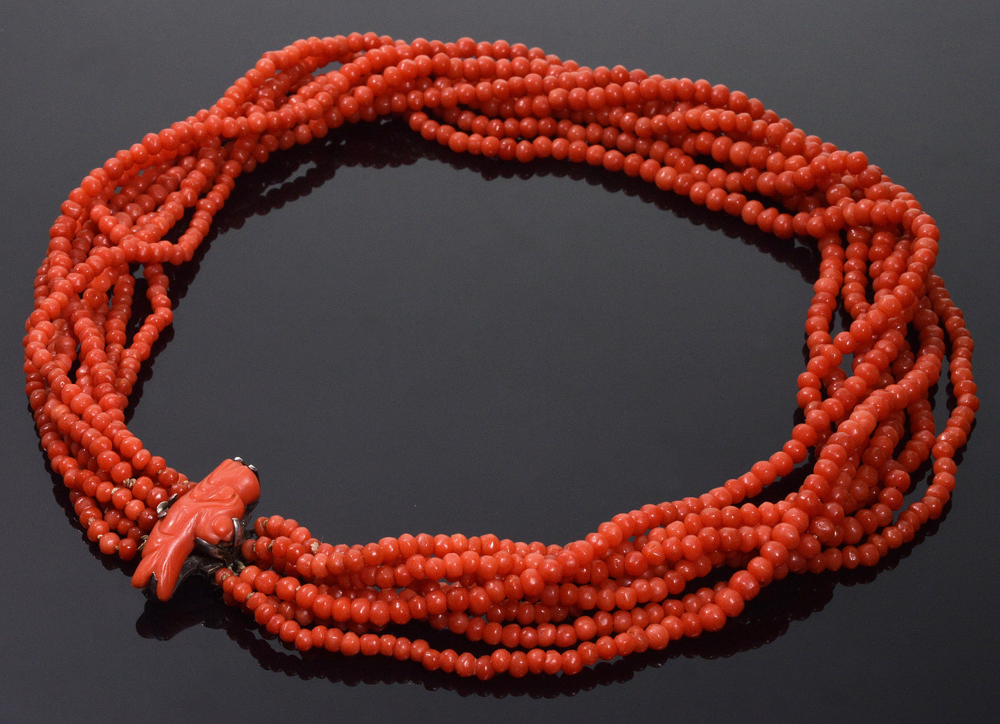 Antique Chinese Salmon Coral Necklace Carved Dragon Clasp
